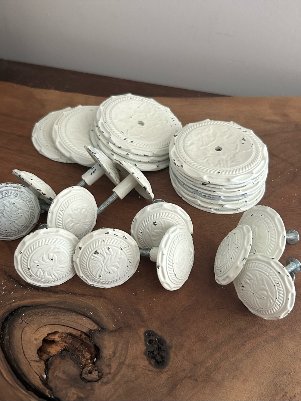 Decorative White Distressed Metal Cabinet Knobs Backplates - Set of 12